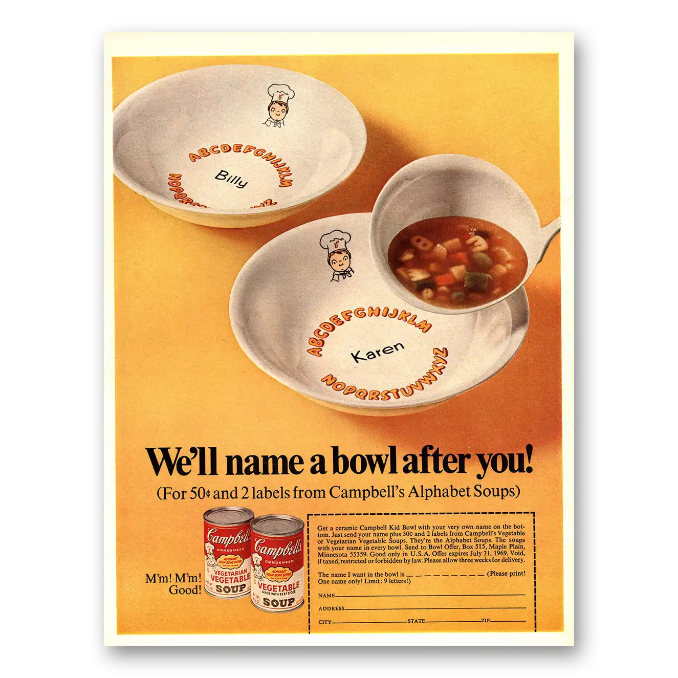 1968 Campbells Soup We'll Name a Bowl After You Vintage Magazine Print Ad