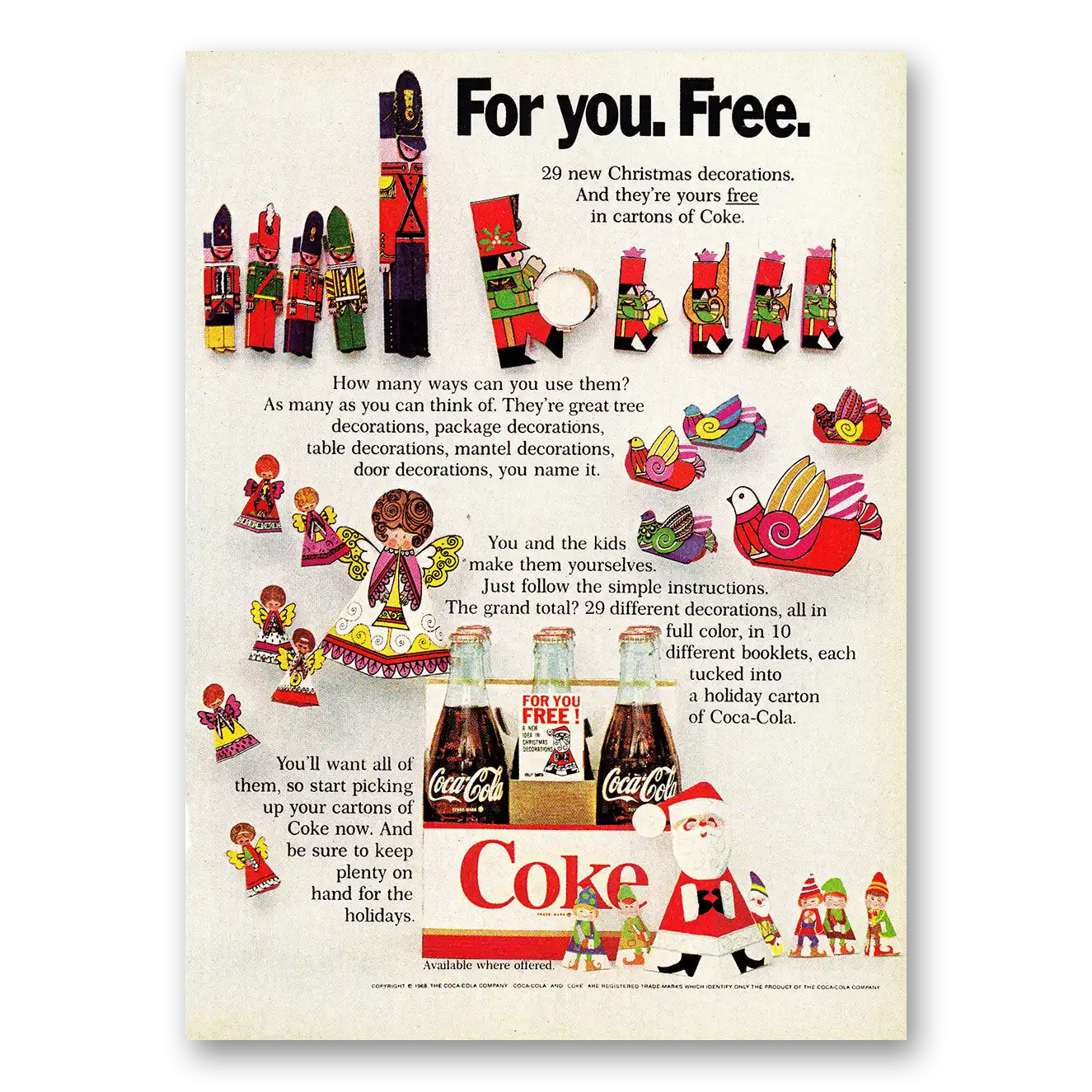 1968 Coca Cola For You Free Christmas Ornaments Vintage Magazine Print Ad