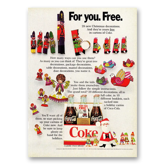 1968 Coca Cola For You Free Christmas Ornaments Vintage Magazine Print Ad