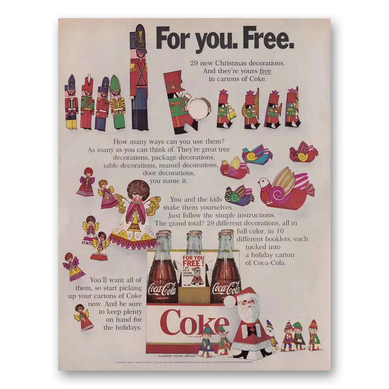 1968 Coca Cola Christmas Decorations Vintage Magazine Print Ad