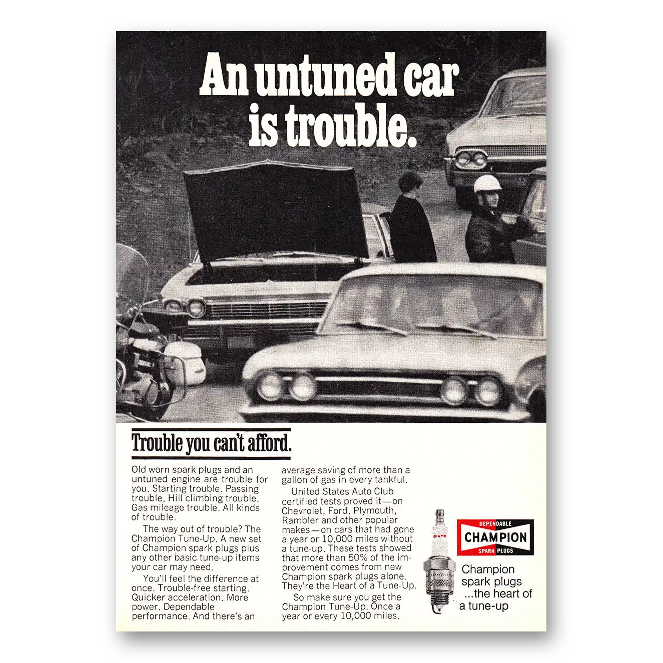 1968 Champion Spark Plugs An Untuned Car Is Trouble Vintage Magazine Print Ad