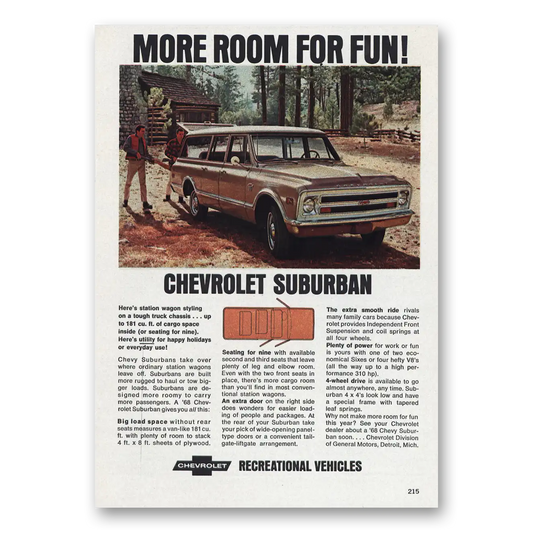 1968 Chevrolet Suburban More Room for Fun Vintage Magazine Print Ad
