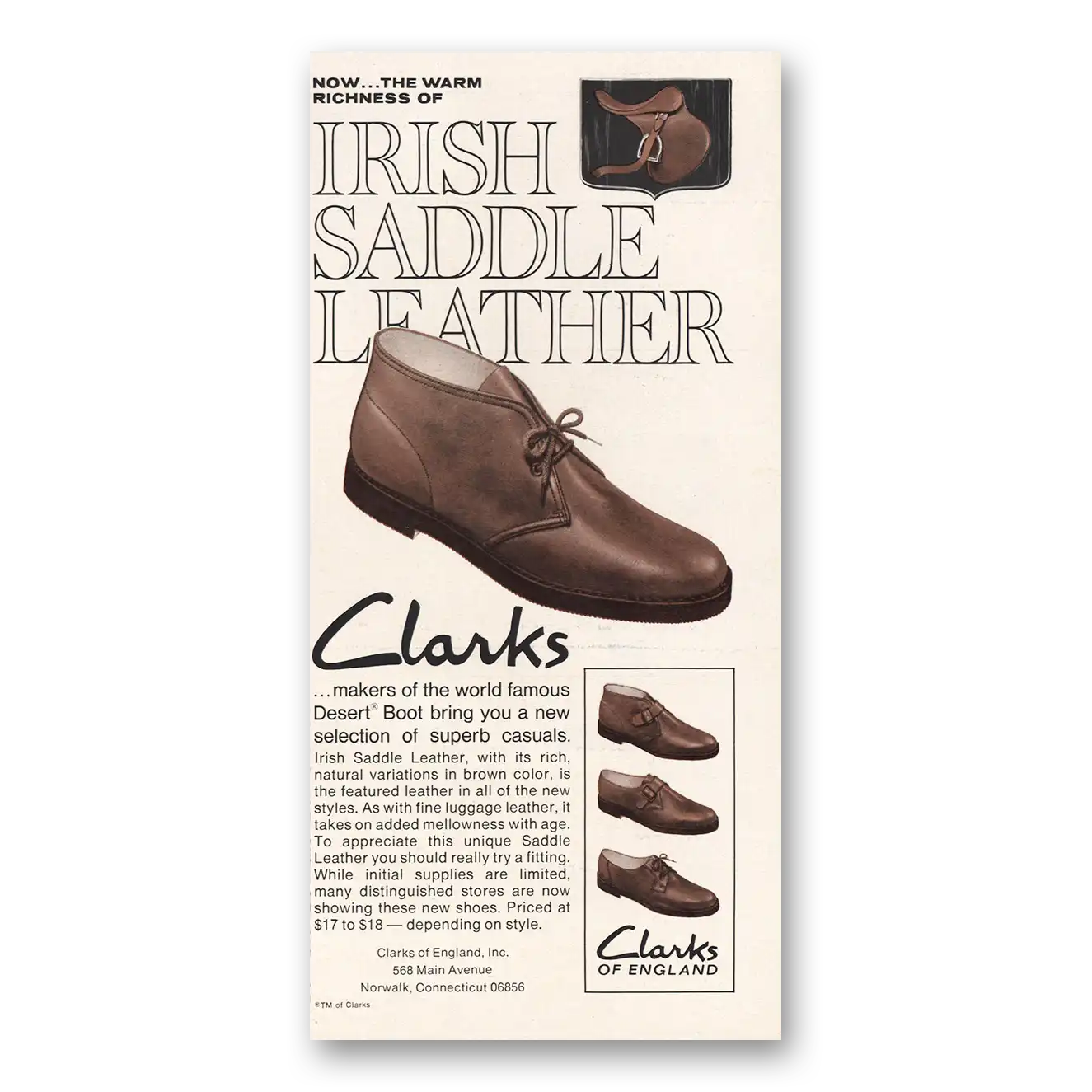 1968 Clarks Shoes Desert Boot Shoes Irish Saddle Leather Vintage Magazine Print Ad