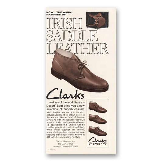 1968 Clarks Shoes Desert Boot Shoes Irish Saddle Leather Vintage Magazine Print Ad