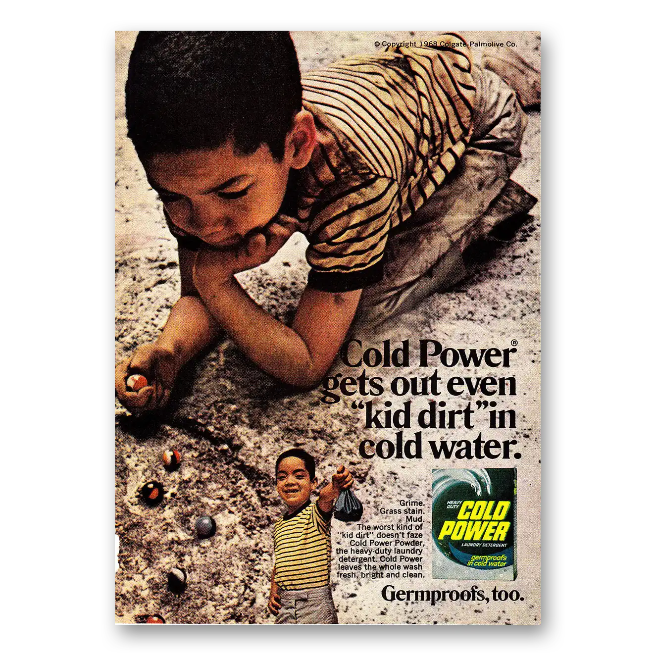 1968 Cold Power Detergent Detergent Gets Out Even Kid Dirt Vintage Magazine Print Ad