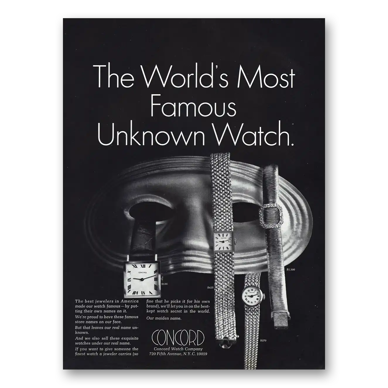 1967 Concord Watch Most Famous Unknown Vintage Magazine Print Ad