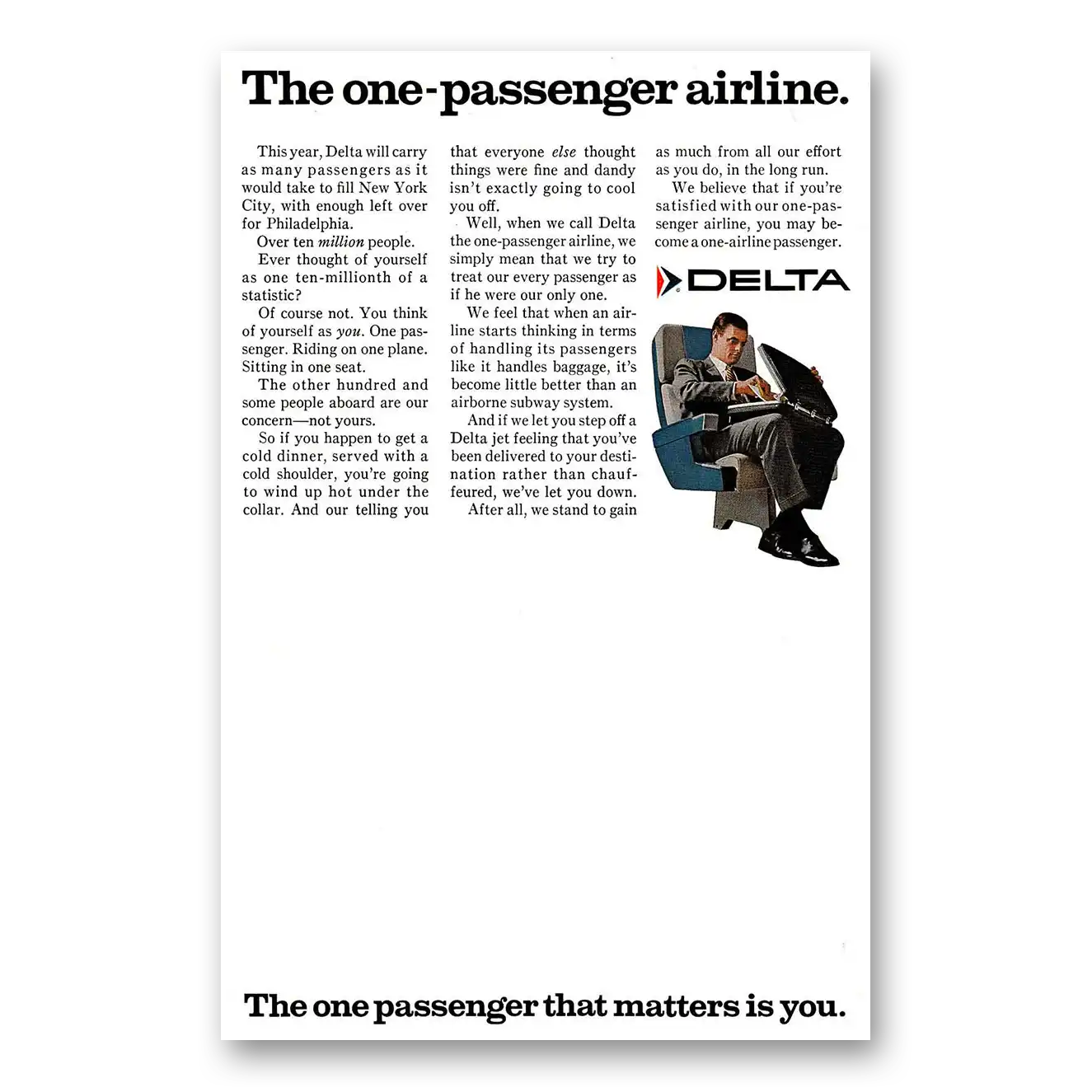 1968 Delta Air Lines One Passenger Airline Vintage Magazine Print Ad