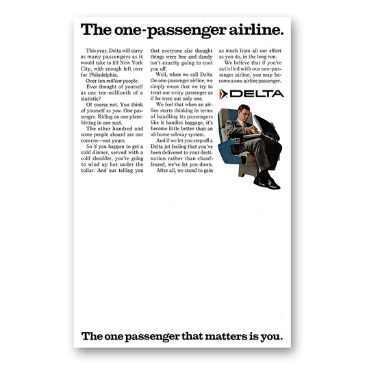 1968 Delta Air Lines One Passenger Airline Vintage Magazine Print Ad