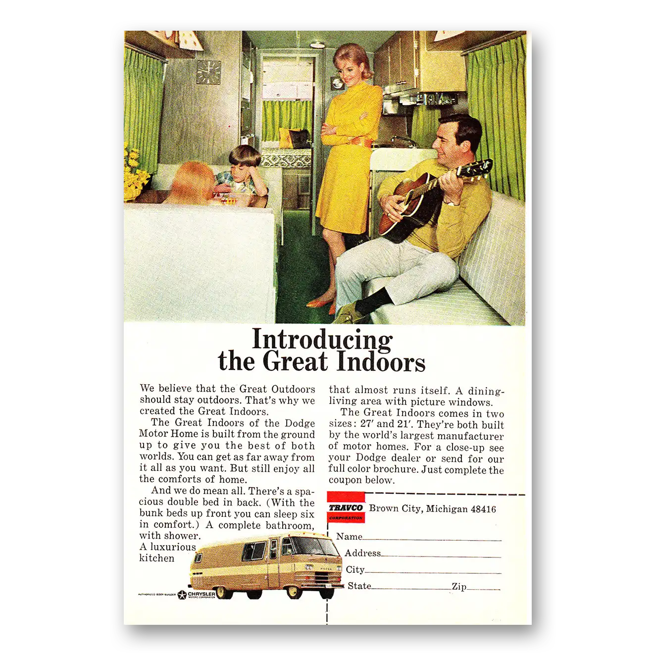 1968 Travco Motor Home Great Indoors Vintage Magazine Print Ad