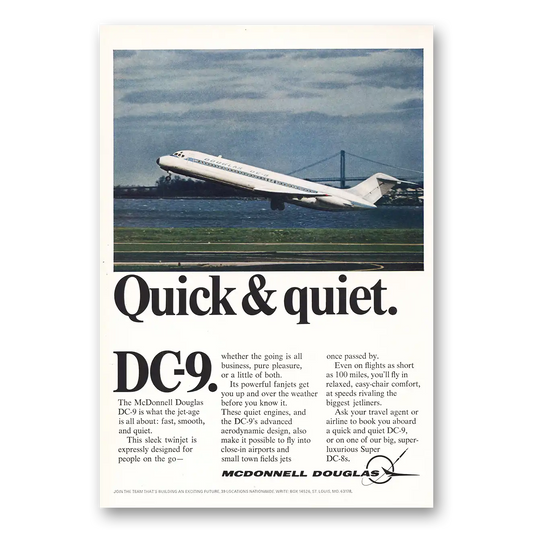 1968 McDonnell Douglas DC9 Quick and Quiet Vintage Magazine Print Ad