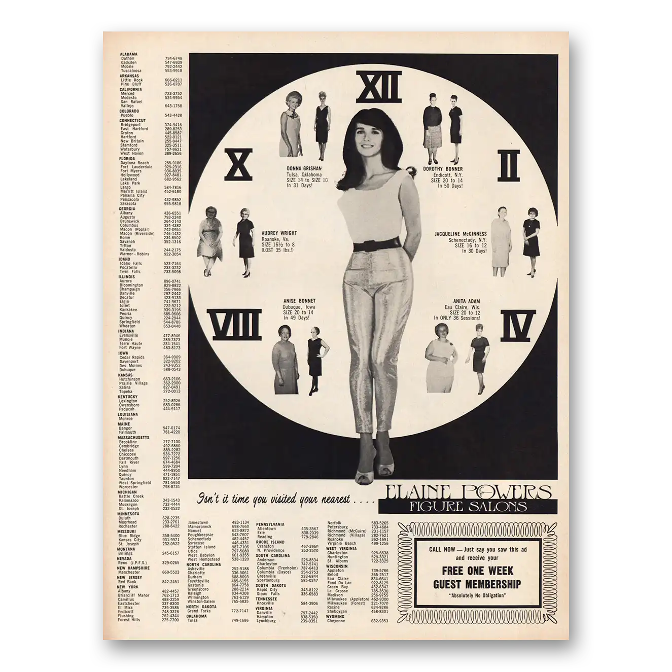 1968 Elaine Powers Figure Salons Isn't It Time You Visited Vintage Magazine Print Ad