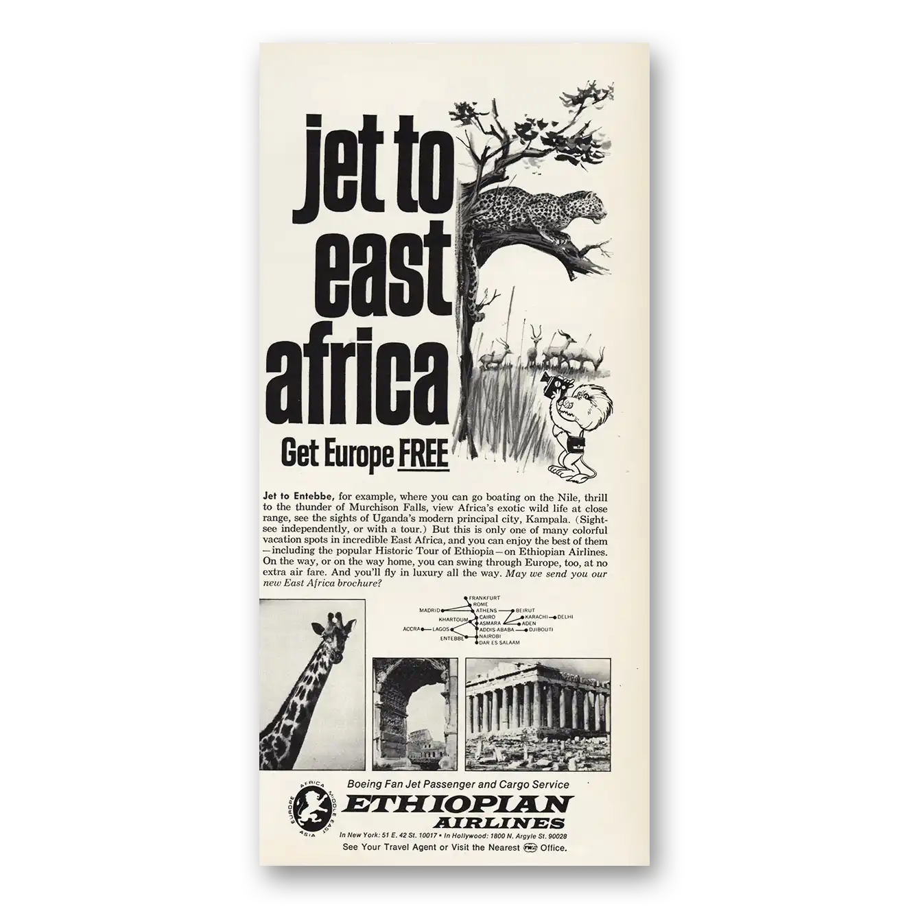 1968 Ethiopian Airlines Jet To Entebbe Vintage Magazine Print Ad