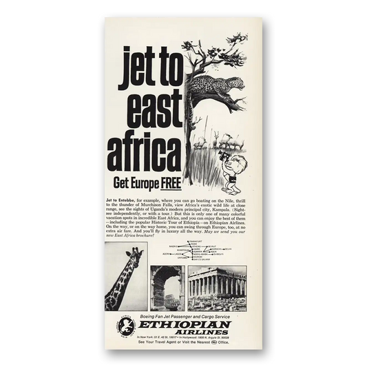 1968 Ethiopian Airlines Jet To Entebbe Vintage Magazine Print Ad