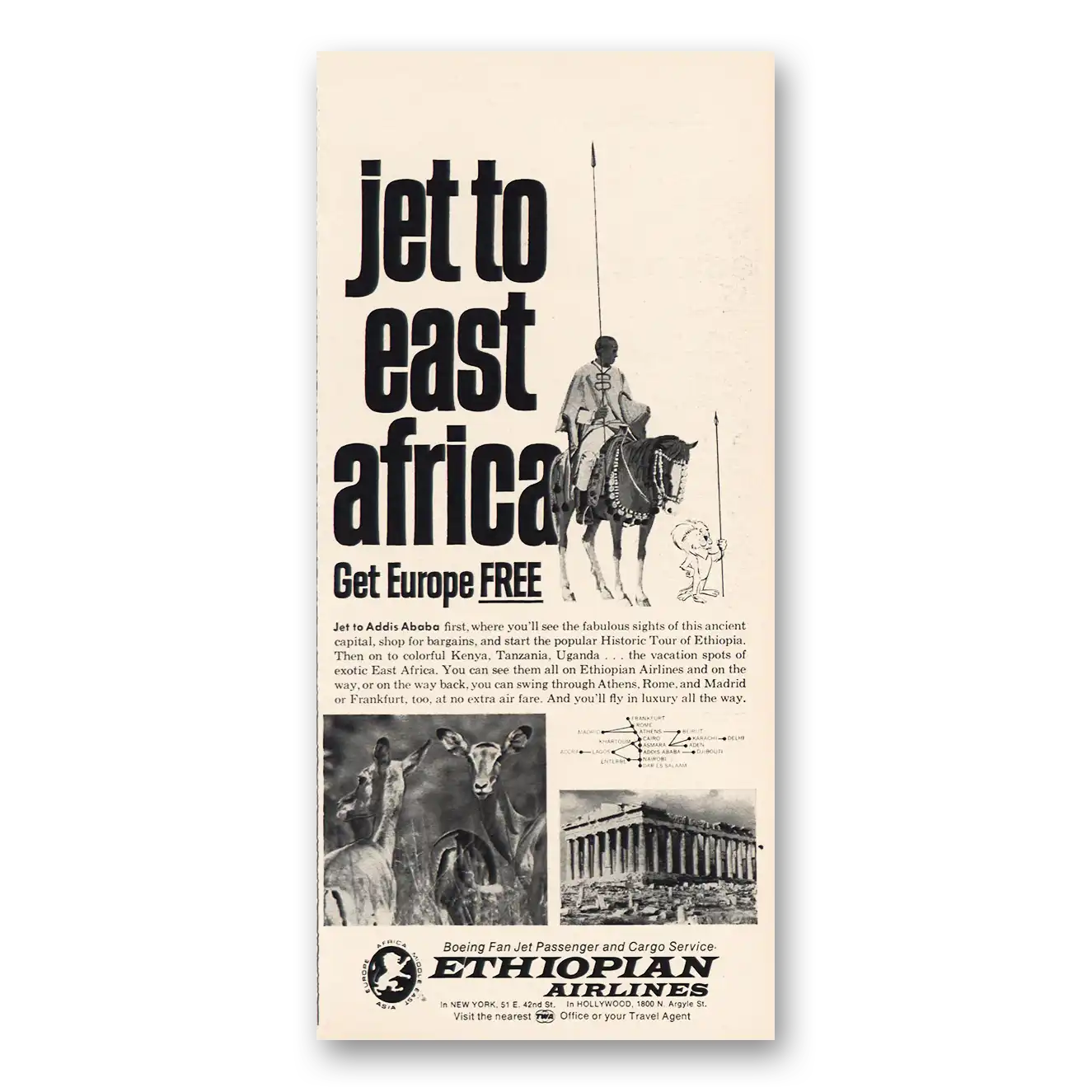 1968 Ethiopian Airlines Jet To East Africa Vintage Magazine Print Ad