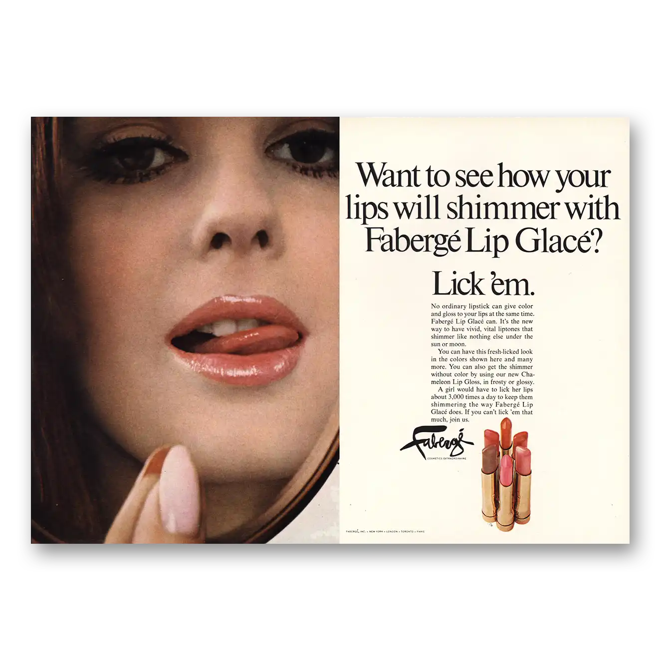 1968 Faberge Lips Will Shimmer Lip Glace Vintage Magazine Print Ad