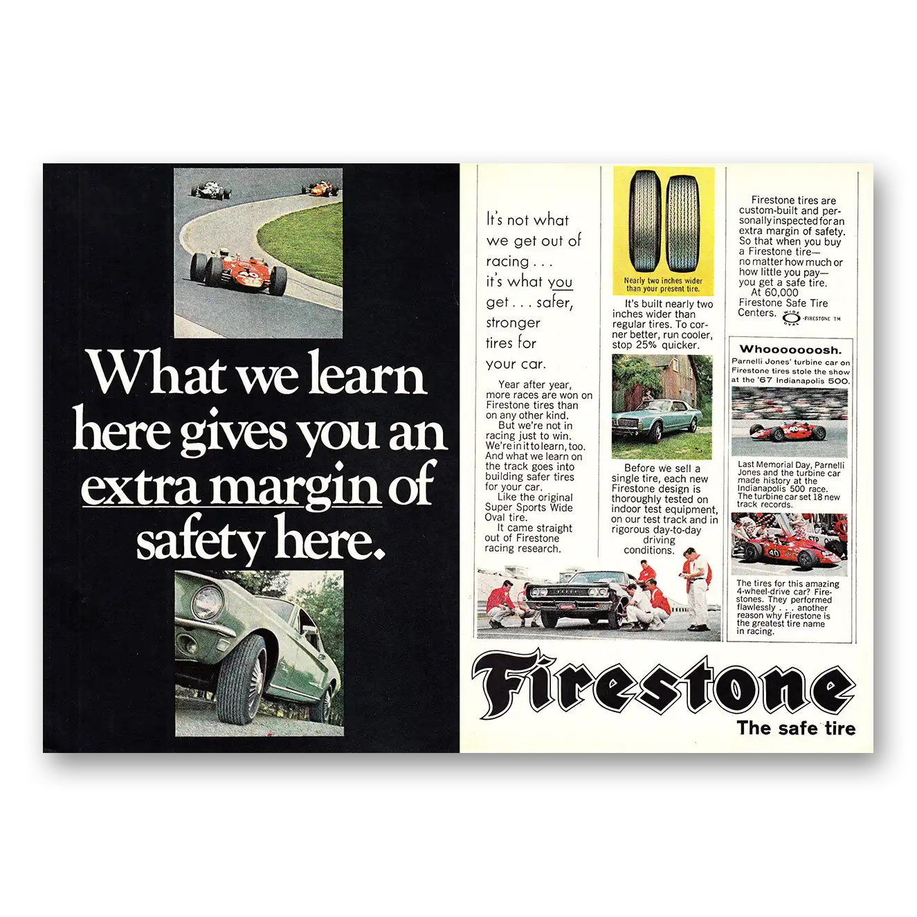 1968 Firestone Tires What We Learn Here Gives You an Extra Margin of Safety Vintage Magazine Print Ad