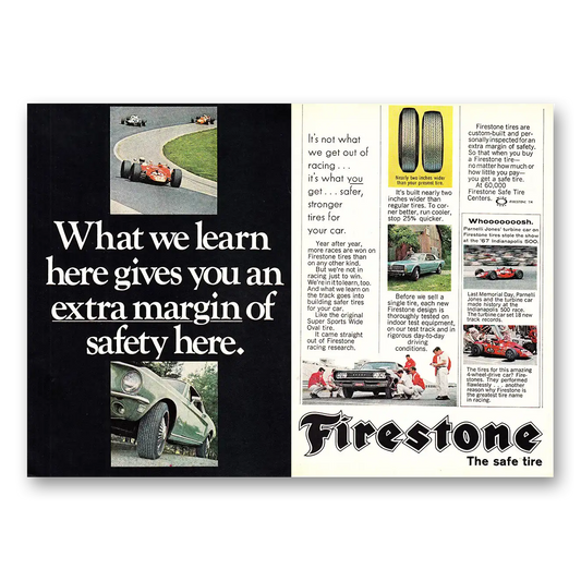 1968 Firestone Tires What We Learn Here Gives You an Extra Margin of Safety Vintage Magazine Print Ad