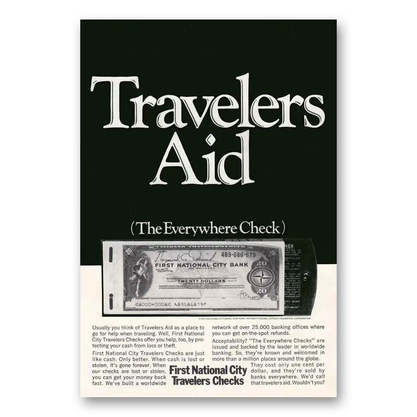 1968 First National City Bank Travelers Checks Travelers A Vintage Magazine Print Ad