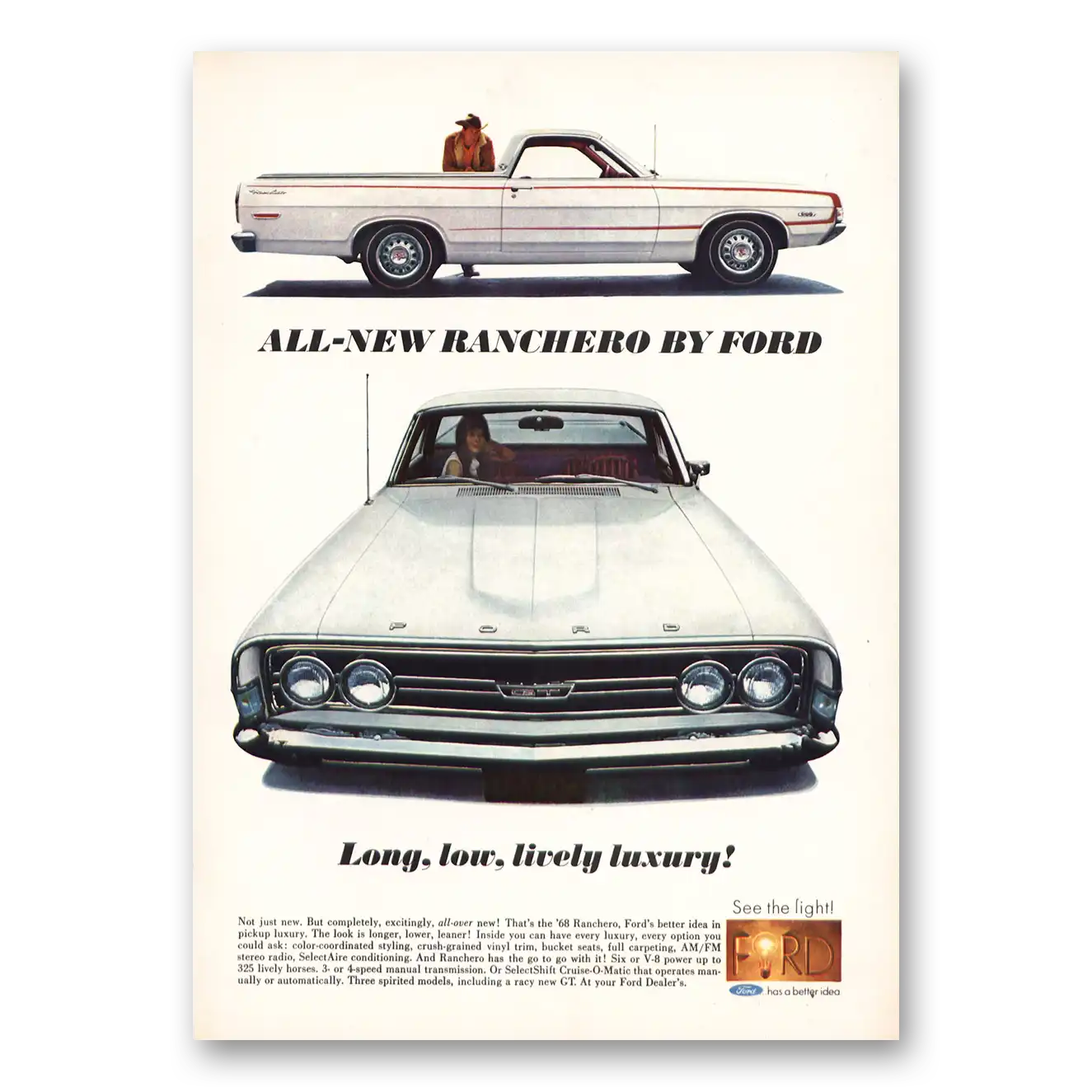 1968 Ford Ranchero Long Low Lively Luxury Vintage Magazine Print Ad