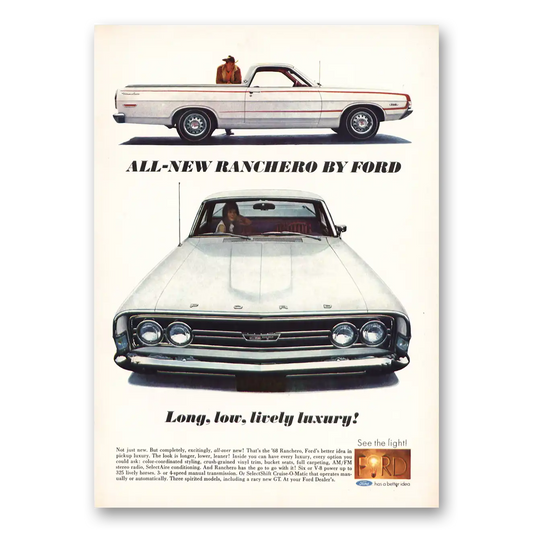 1968 Ford Ranchero Long Low Lively Luxury Vintage Magazine Print Ad