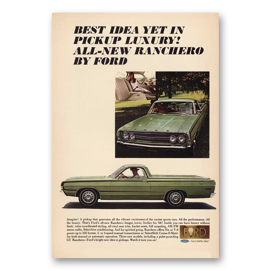 1968 Ford Ranchero Pickup Luxury Vintage Magazine Print Ad