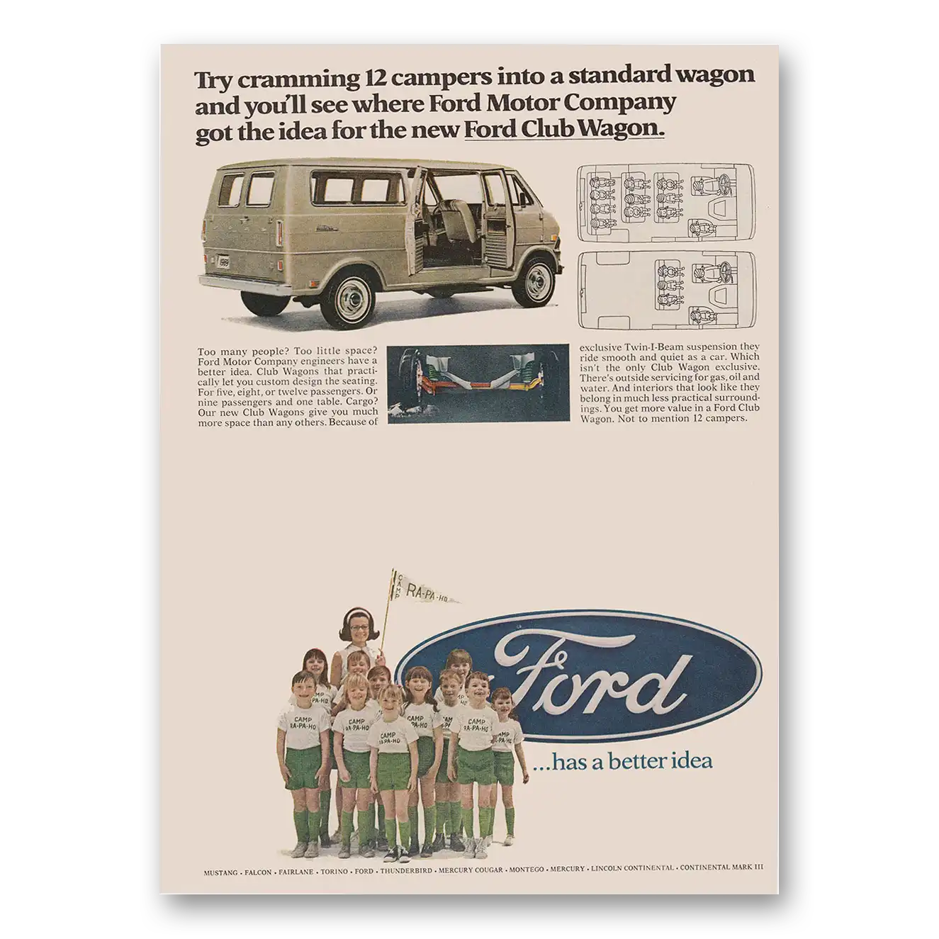 1968 Ford Club Wagon Cramming 12 Campers Vintage Magazine Print Ad