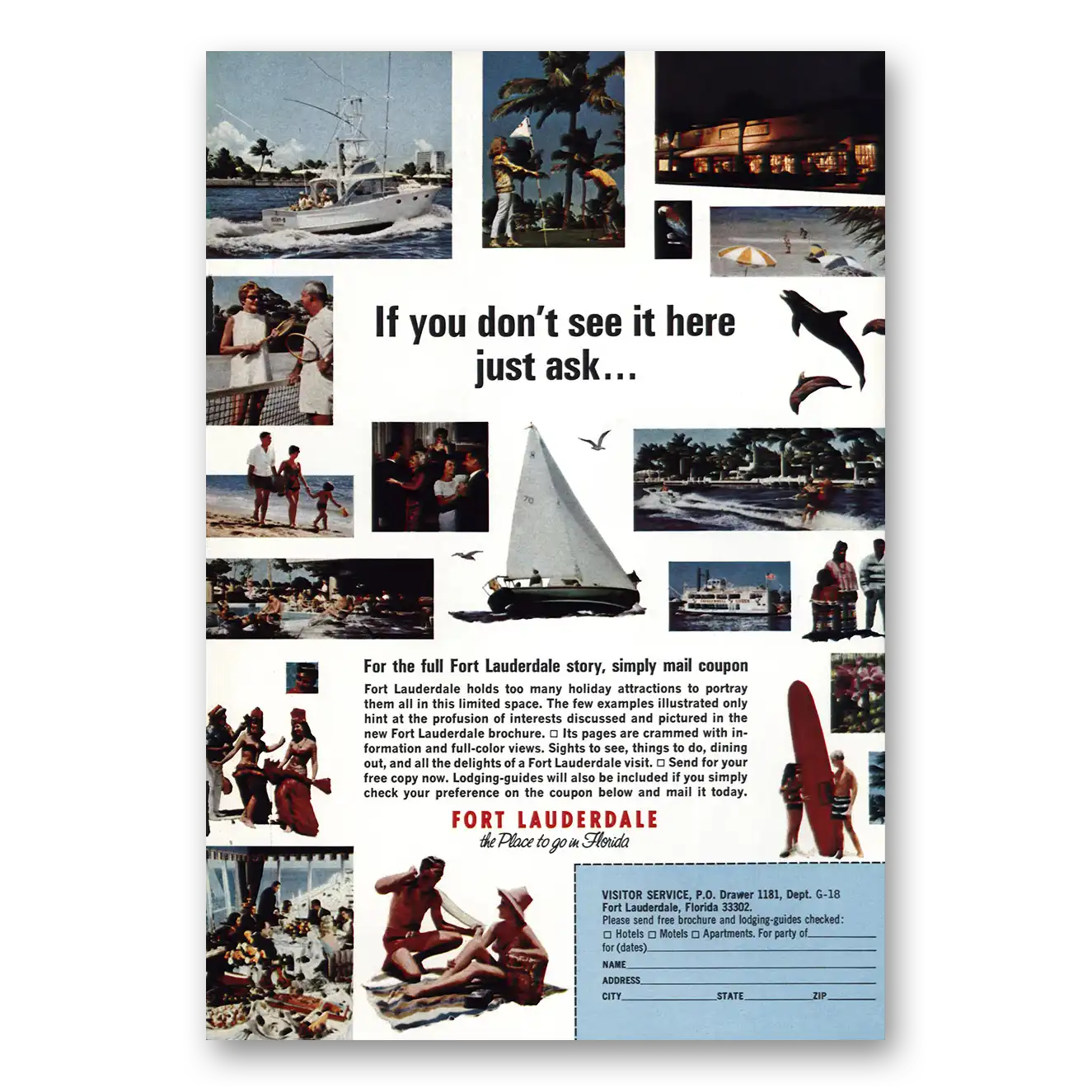 1968 Fort Lauderdale Florida Just Ask Vintage Magazine Print Ad