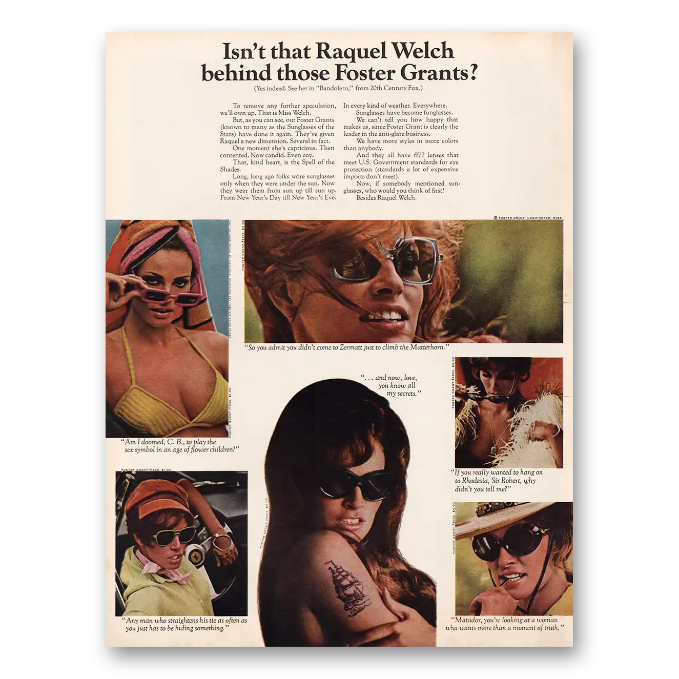 1968 Foster Grant Isn't That Raquel Welch Behind Those Vintage Magazine Print Ad