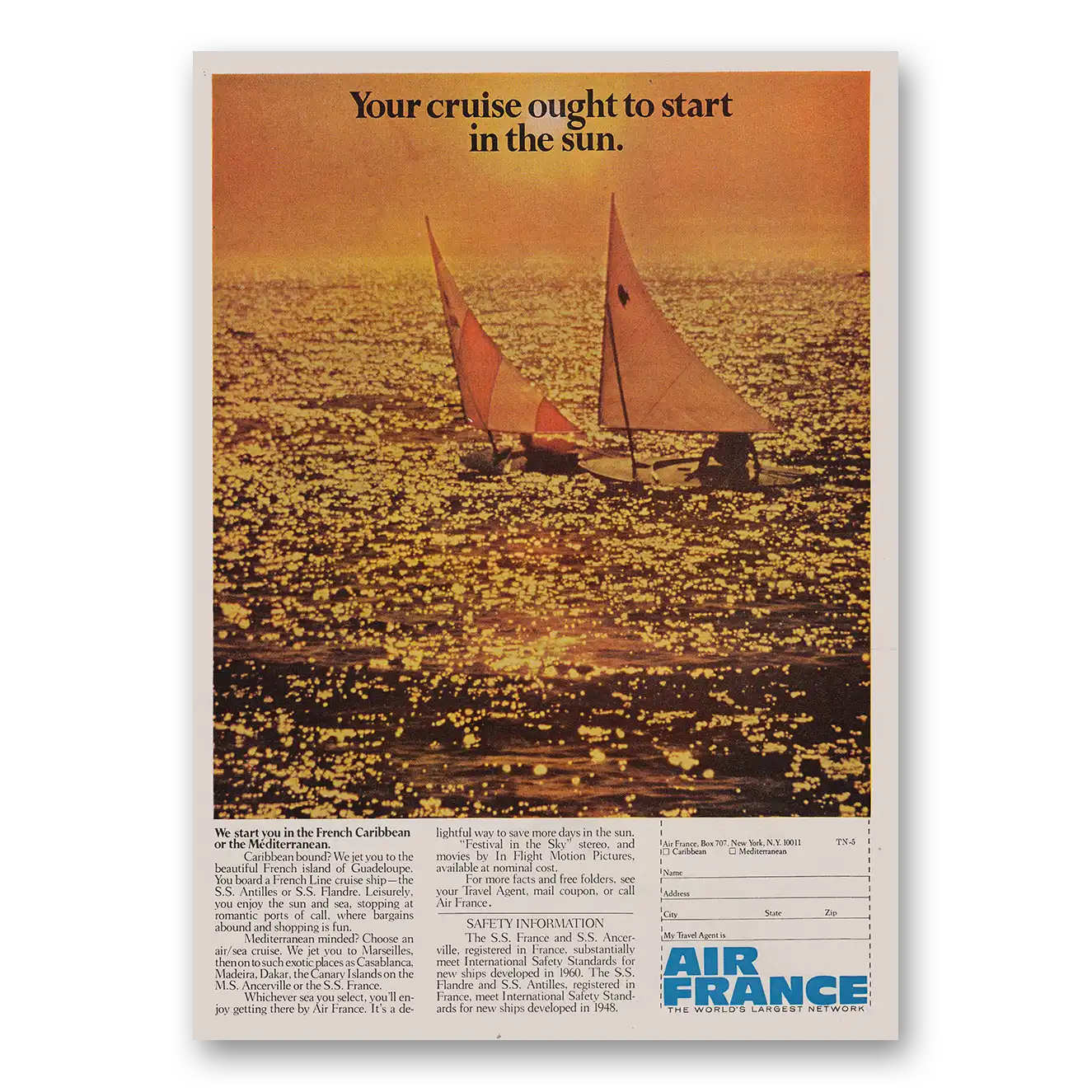 1968 Air France Your Cruise Ought To Start In the Sun Vintage Magazine Print Ad