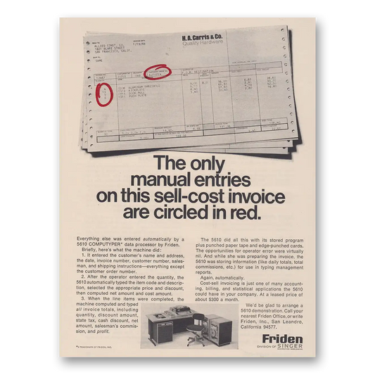 1968 Friden Data Processor Only Manual Entries On This Sell Cost Invoice Vintage Magazine Print Ad