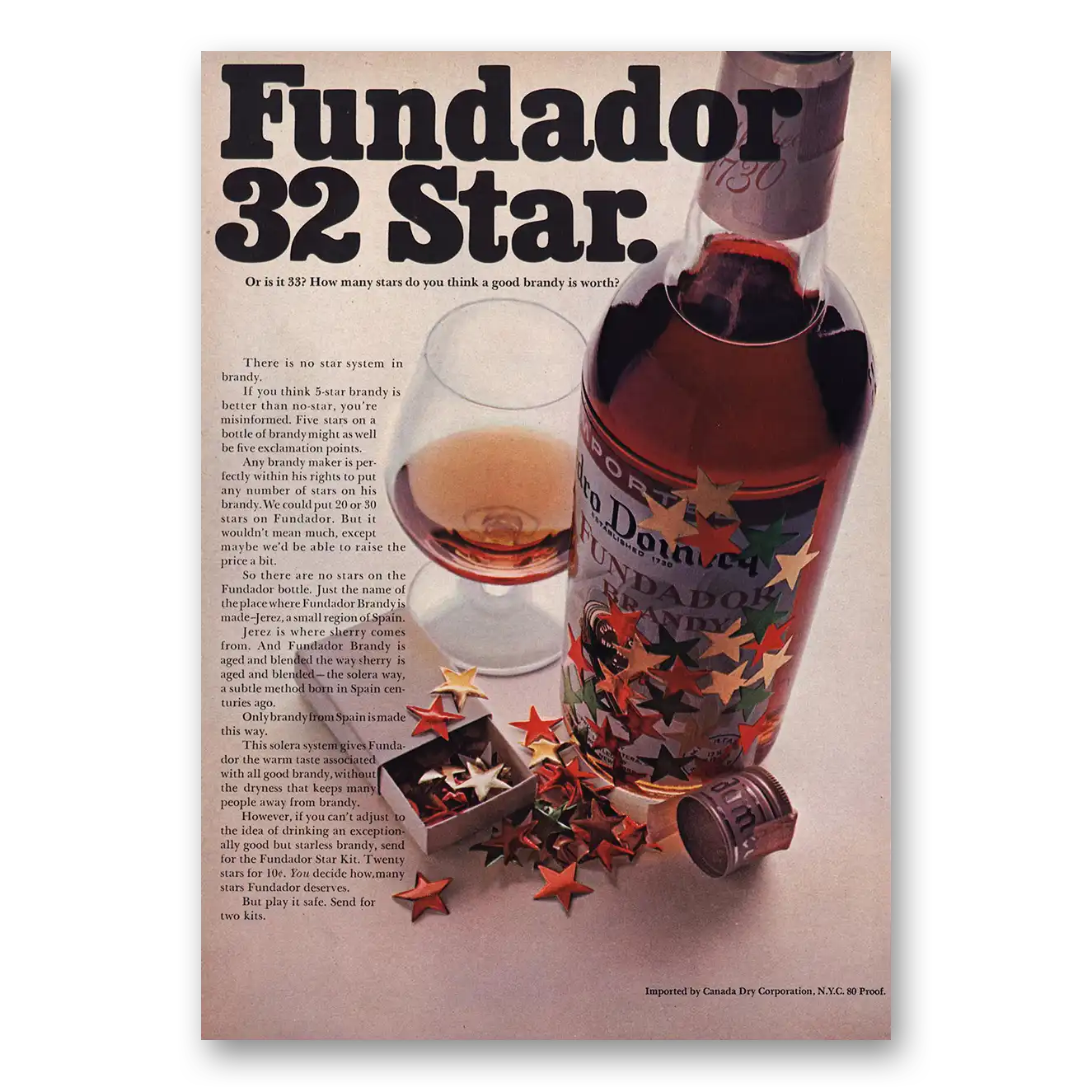 1968 Fundador 32 Star How Many Stars Good Brandy Worth Vintage Magazine Print Ad