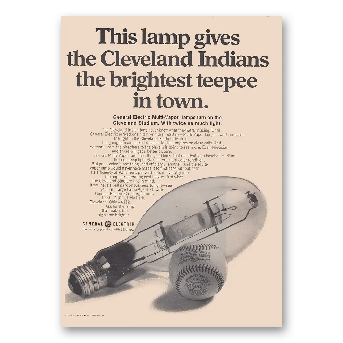 1968 GE Lamps Cleveland Indians the Brightest Teepee In Town Vintage Magazine Print Ad