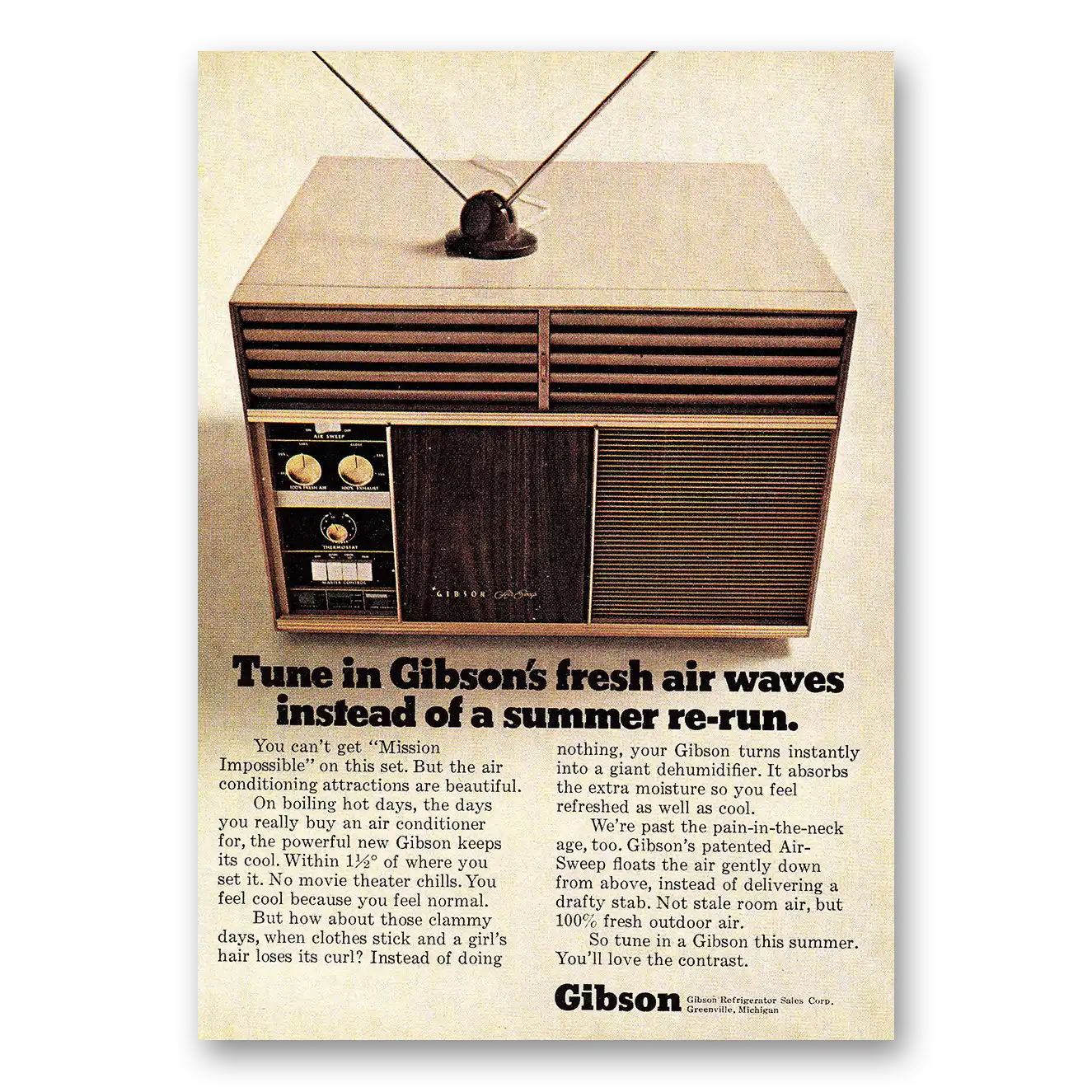 1968 Gibson Air Conditioner Tune In Gibsons Fresh Air Waves Vintage Magazine Print Ad