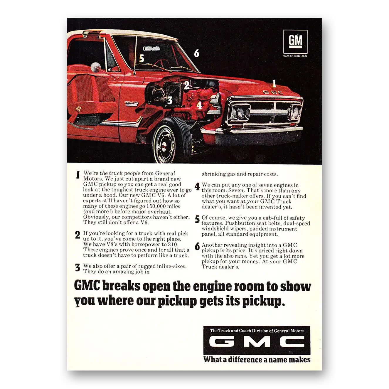 1968 GMC Trucks Truck Breaks Open the Engine Room Vintage Magazine Print Ad