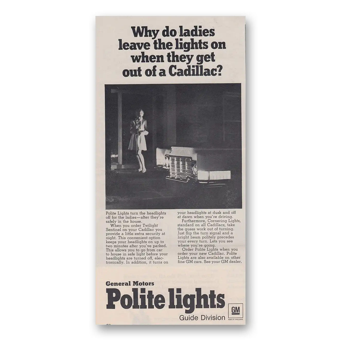 1968 Polite Lights Ladies Leave the Lights On When They Get Out of Cadillac Vintage Magazine Print Ad