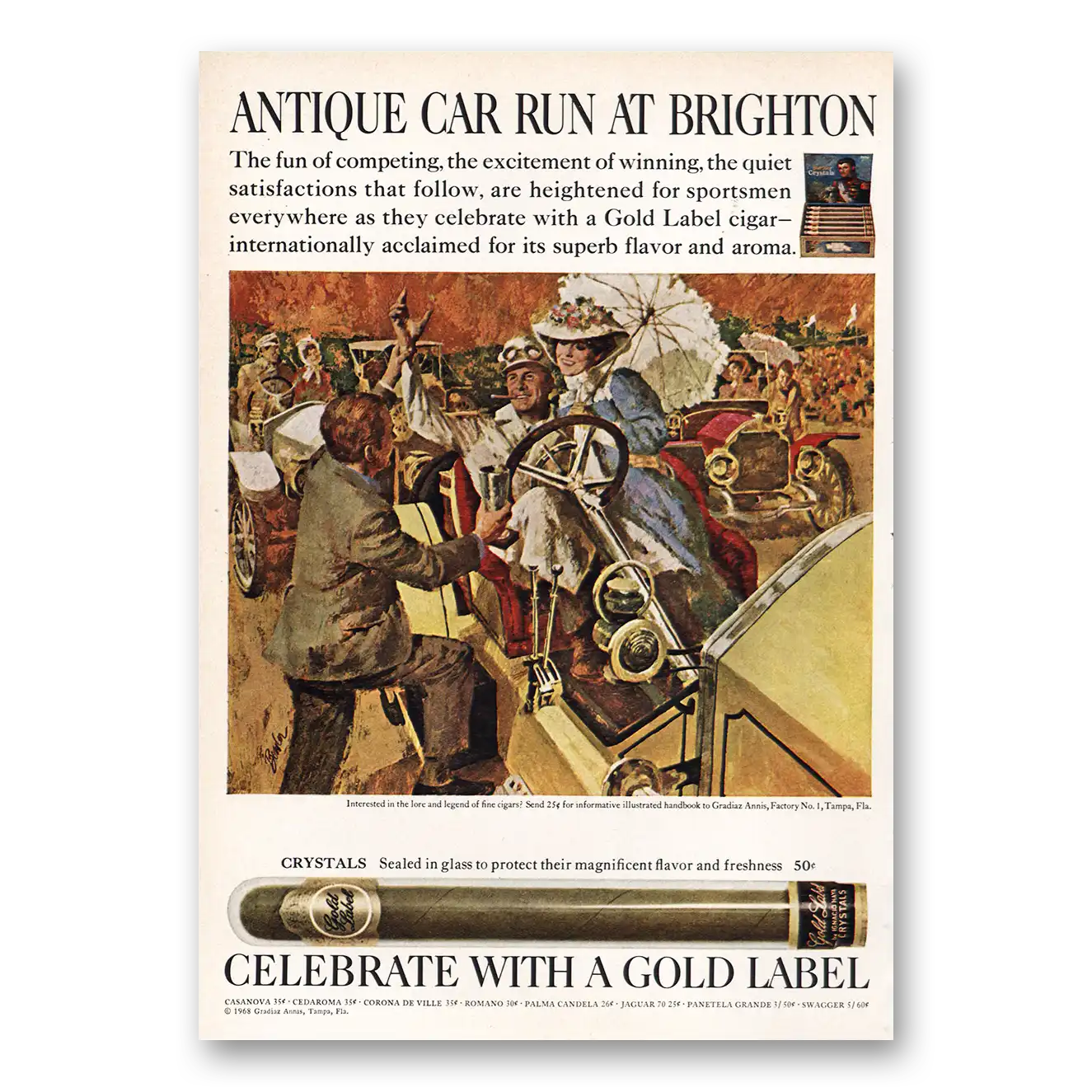 1968 Gold Label Cigars Antique Car Run Brighton Vintage Magazine Print Ad