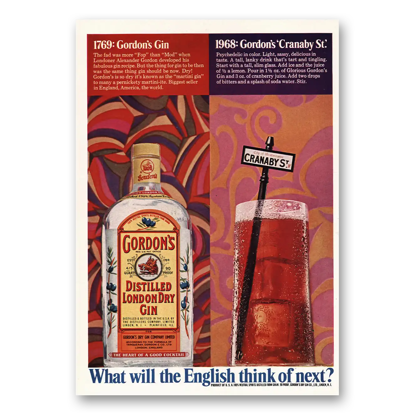 1968 Gordons Gin Cranaby St Vintage Magazine Print Ad