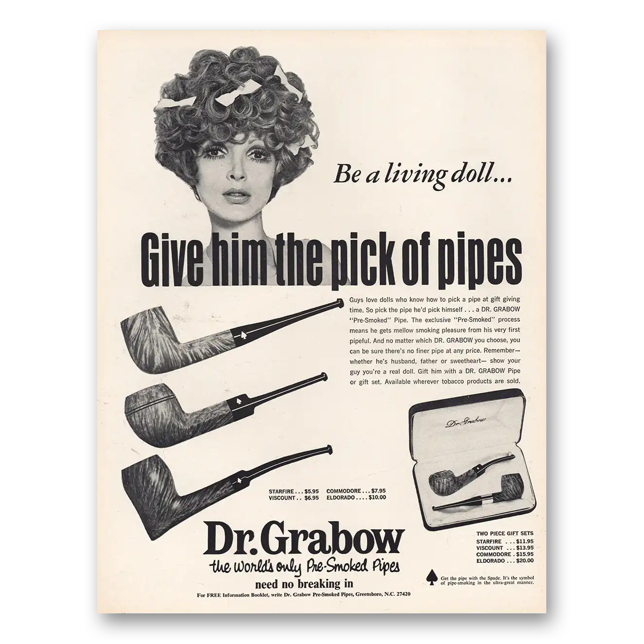 1968 Dr Grabow Pipes Give Him the Pick of Pipes Vintage Magazine Print Ad