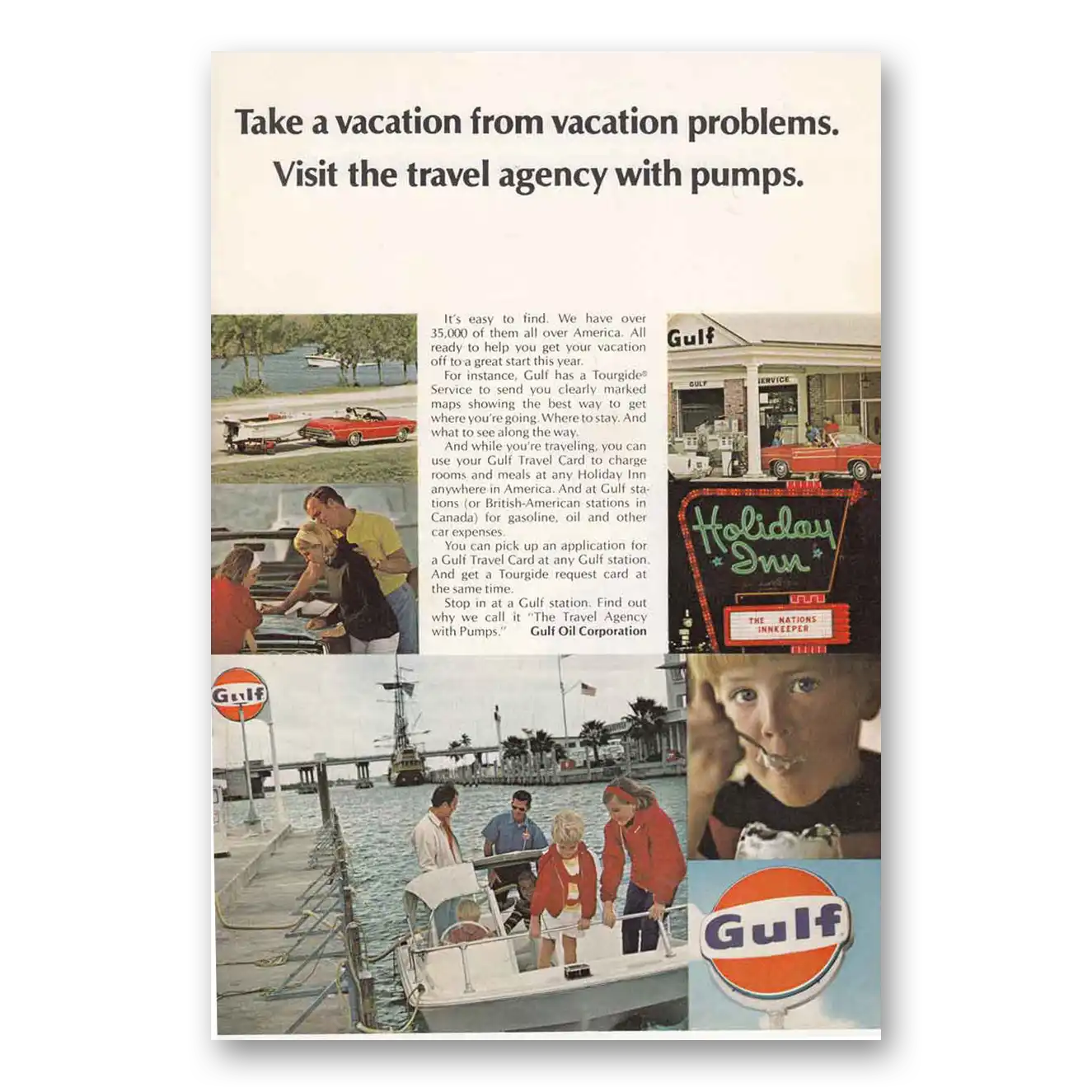 1968 Gulf Oil Travel Agency with Pumps Vintage Magazine Print Ad