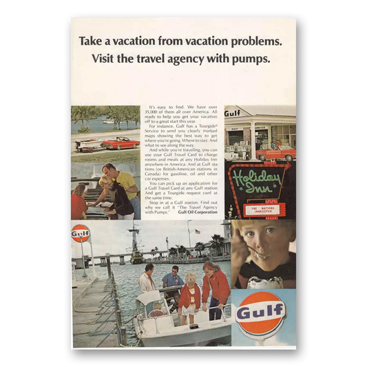 1968 Gulf Oil Travel Agency with Pumps Vintage Magazine Print Ad