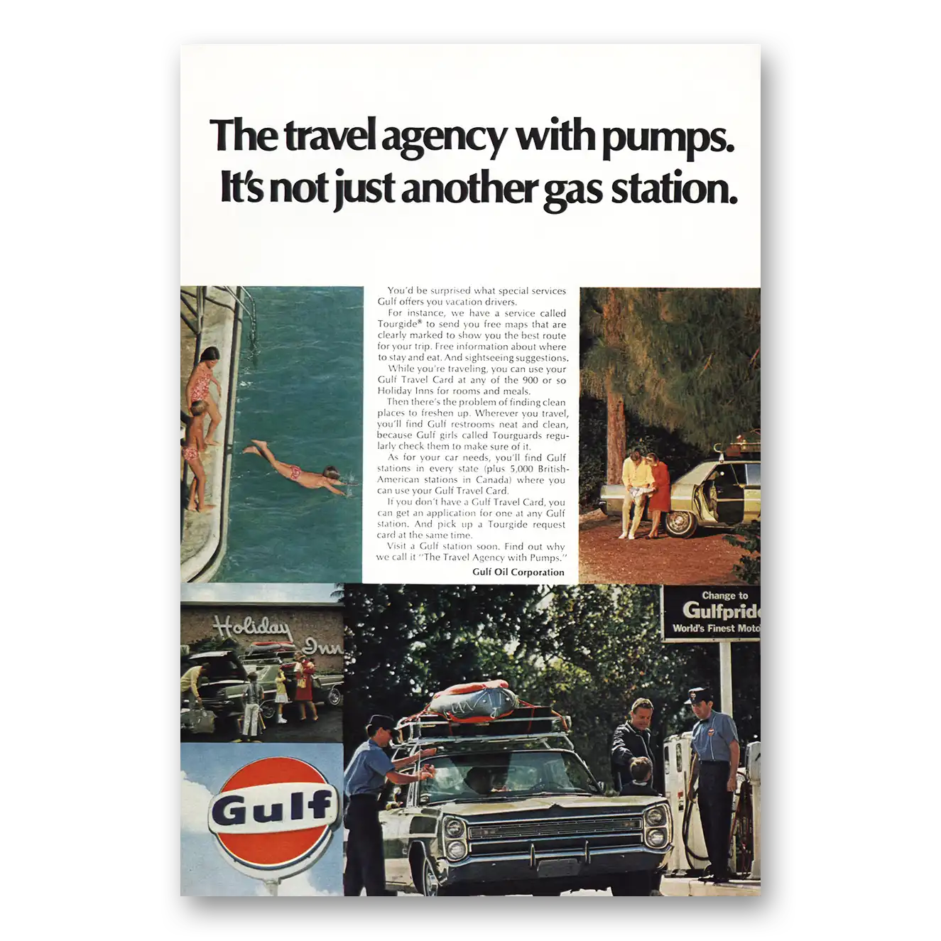 1968 Gulf Oil Travel Agency with Pumps Vintage Magazine Print Ad