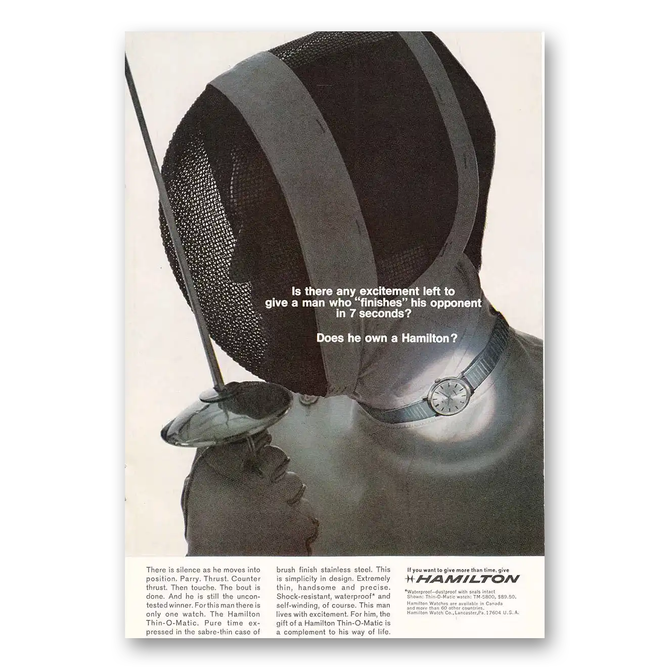 1968 Hamilton Watch Fencing Vintage Magazine Print Ad