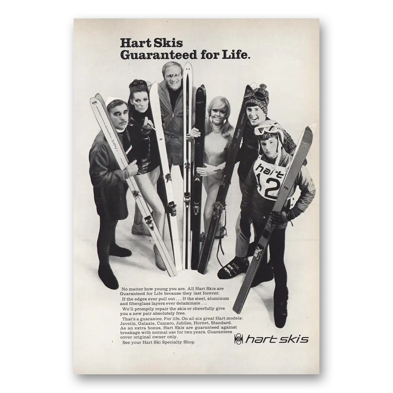 1968 Hart Skis Guaranteed for Life Vintage Magazine Print Ad