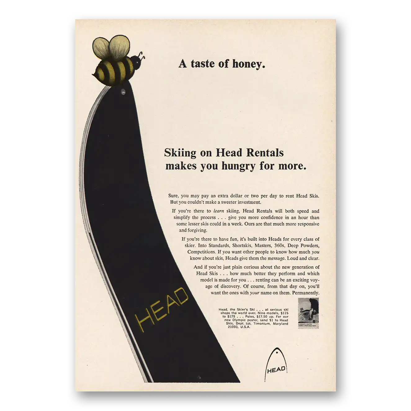 1968 Head Skis Taste of Honey Vintage Magazine Print Ad