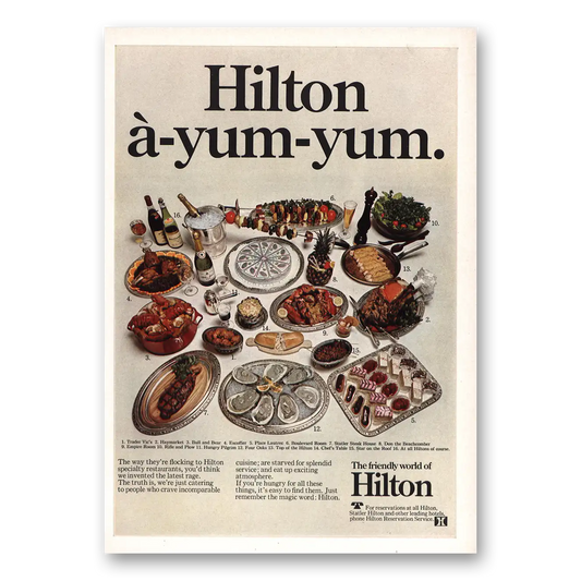 1968 Hilton Hotels Yum Yum Vintage Magazine Print Ad