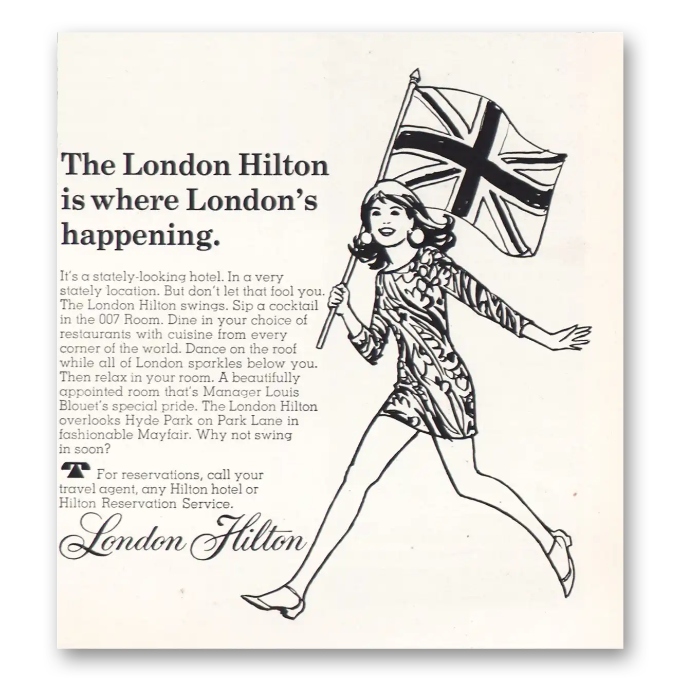 1968 Hilton Hotels Londons Happening Vintage Magazine Print Ad