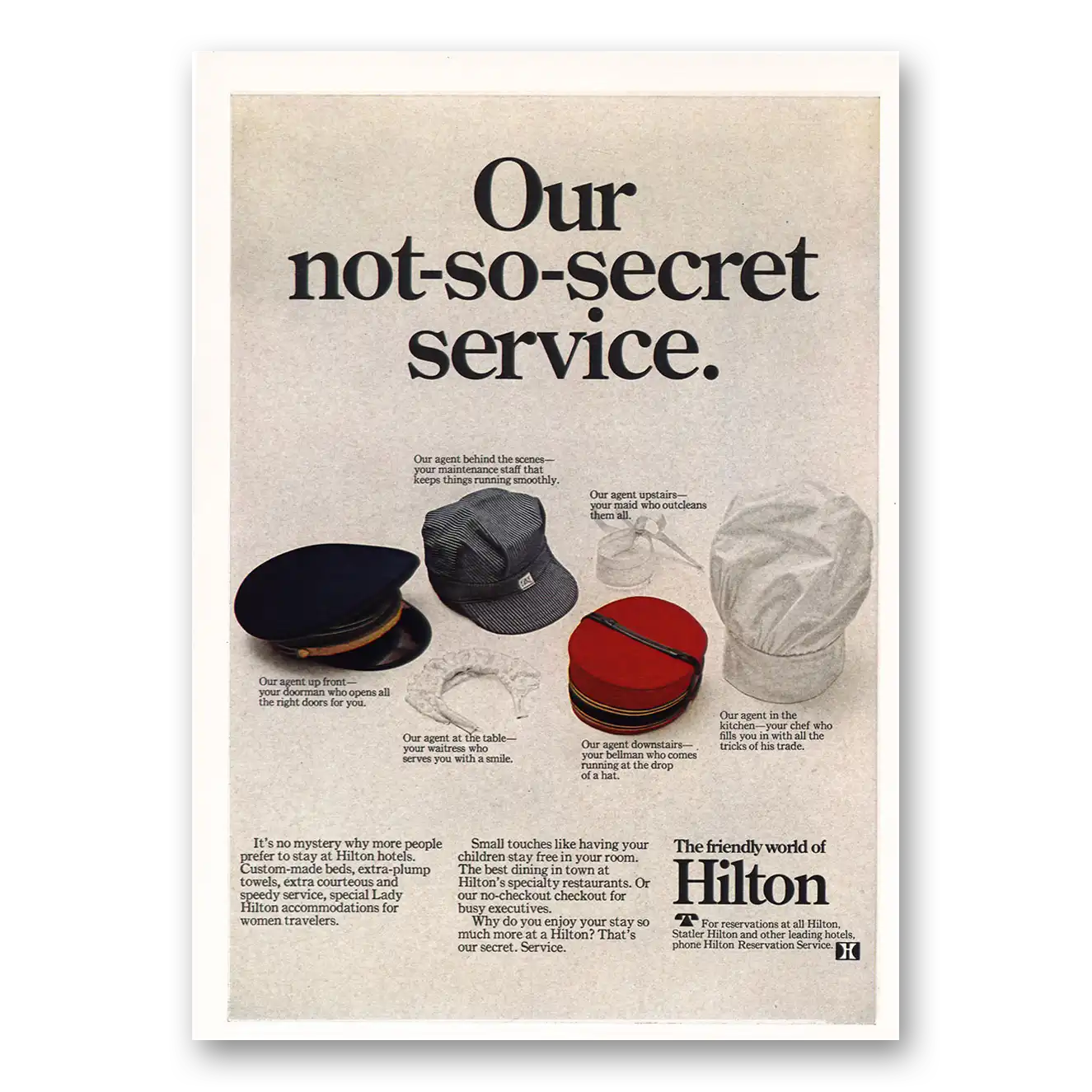 1968 Hilton Hotels Not So Secret Service Vintage Magazine Print Ad