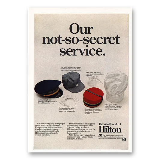 1968 Hilton Hotels Not So Secret Service Vintage Magazine Print Ad