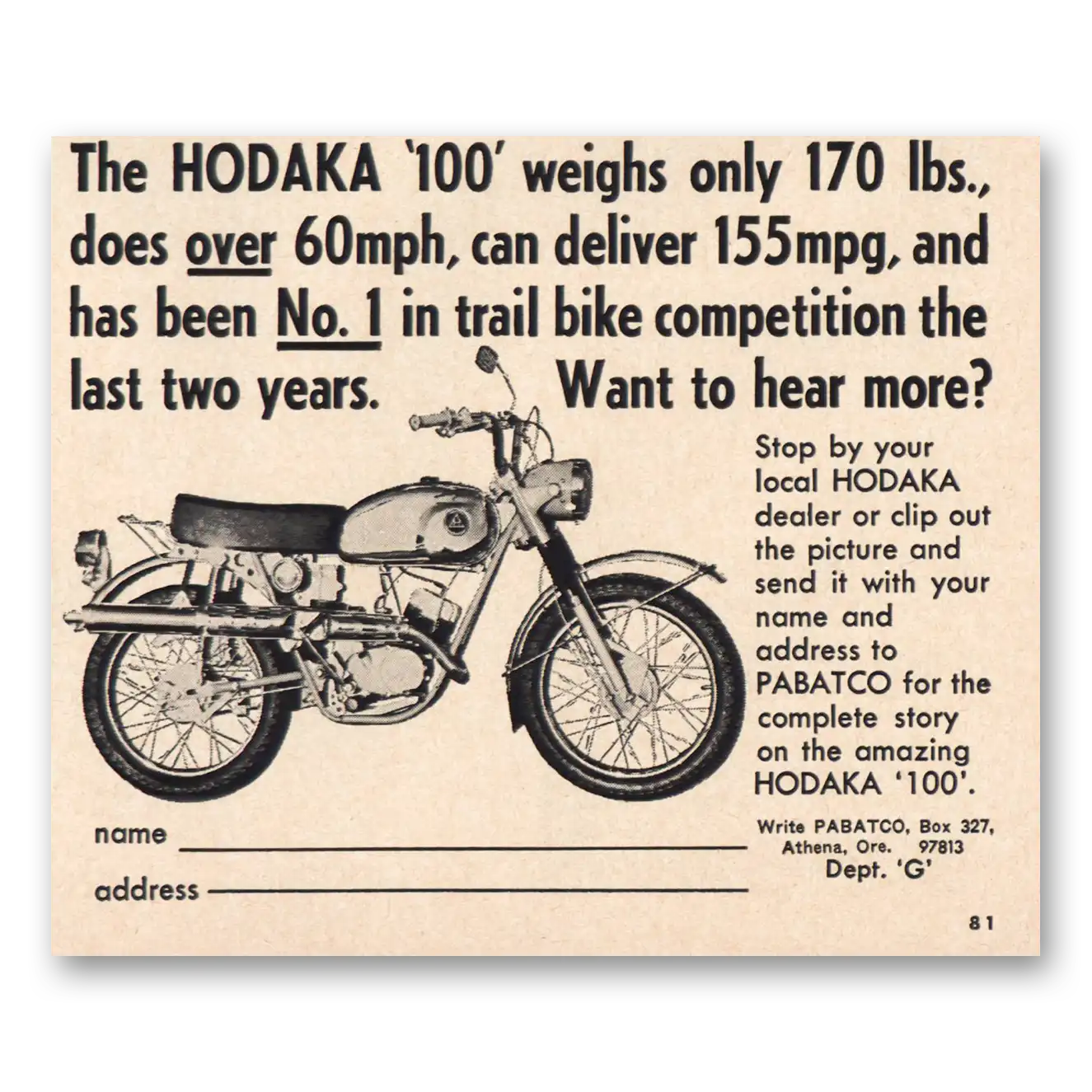 1968 Hodaka Trail Bike Weighs Only 170 lbs Vintage Magazine Print Ad