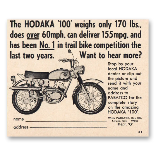 1968 Hodaka Trail Bike Weighs Only 170 lbs Vintage Magazine Print Ad